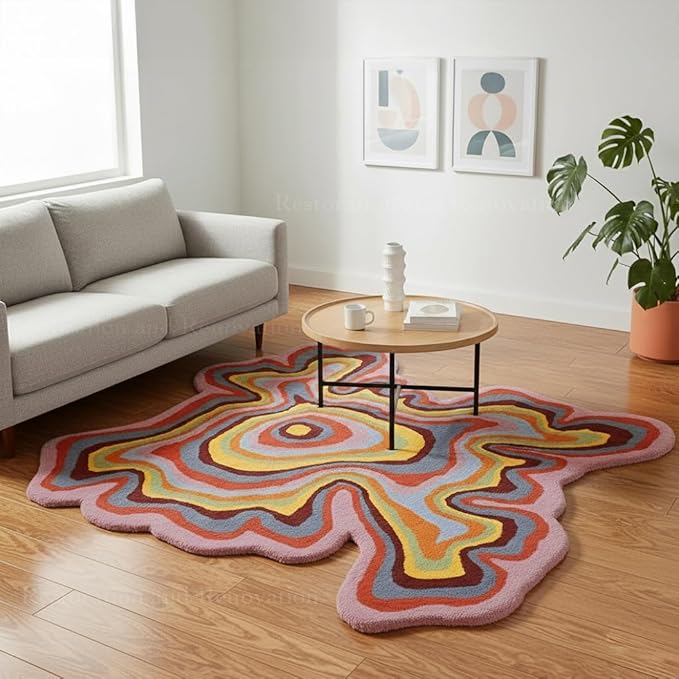 Irregular Shaped Handmade Wool Rug | Modern Colourful Stripe Premium Area Rug Perfect for Home Decor (IR-D, 6x6 ft)