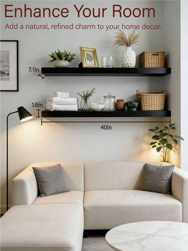 Solid Wood Floating Shelves, 40in Finished Real Wood Wall Shelves