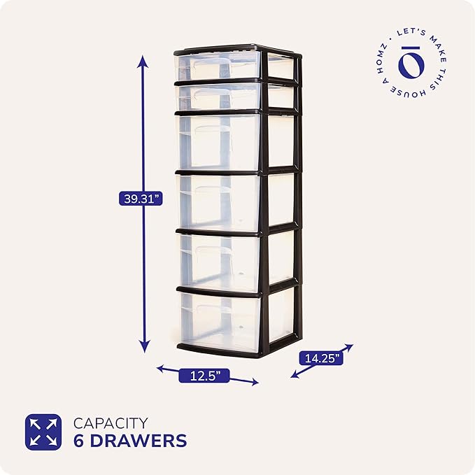HOMZ Drawer Tower, 6-Tier Clear Plastic Storage Organizer Cart, Black Frame - Heavy-Duty Organizing Drawers for Home, Bedroom, and Closet Organization