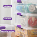 Plastic Storage Containers Clear Craft Storage Bins with Grey Handle,Organizer Box with Durable Lids Stackable Containers for Organizing Craft and Tools (4 Pack-10 Quart Purple)