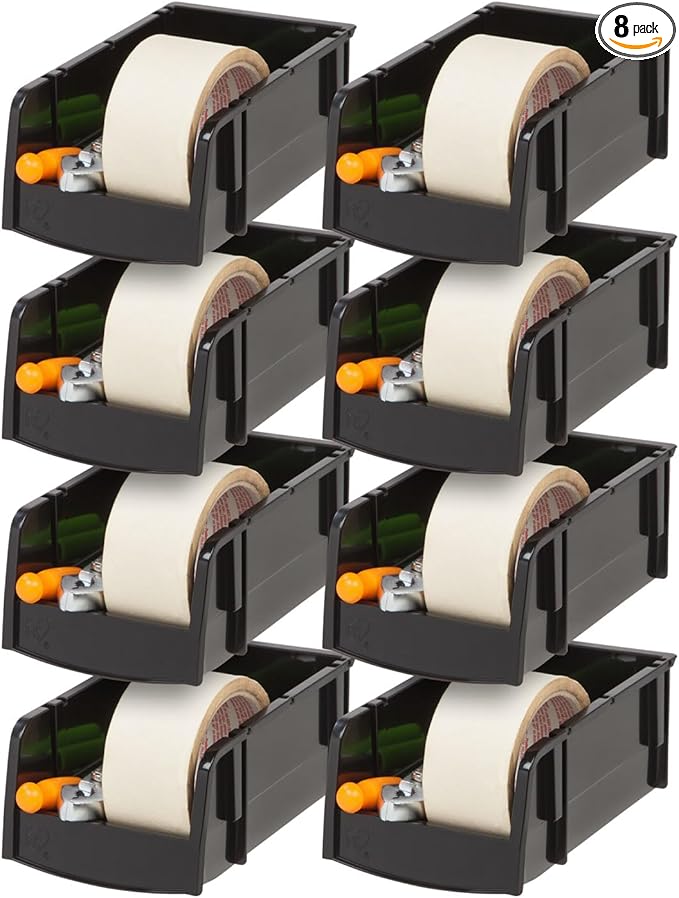 IRIS USA Small Stackable Storage Bins, 8-Pack, 7.5 x 4.5 x 3 inch, |Made in USA|, Plastic Open Front Shelf Bin for Organizing Parts, Hardware, Tools, Supplies, Garage Shelf, Pantry - Black