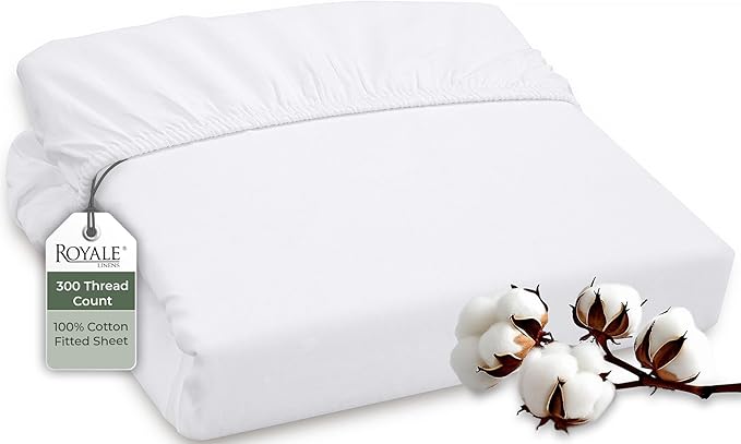 ROYALE LINENS 300 Thread Count 100% Long Staple Combed Cotton Fitted Sheet King - Super Soft Deep Pocket Bottom Sheet - Fitted Sheets Only - Elastic Sheets (King, White)