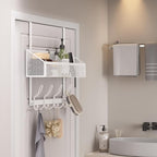 Over Door Hook Organizer, 12 Hook Over The Door Organizer with Mesh Basket - Back of Door Storage Towel Rack Space Saving Storage Organizer for Bedroom, Bathroom, Kitchen, Pantry, White