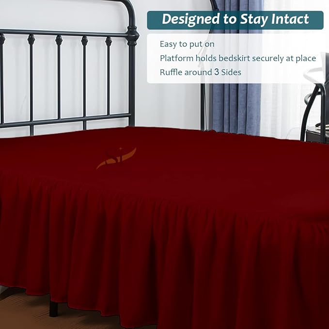 Shreem Linen Ruffled Bed Skirt with Split Corners, Gathered Style, 100% Microfiber, 8-Inch Drop, Dust Ruffle Bedskirt with Platform, Full-XXL, Burgundy