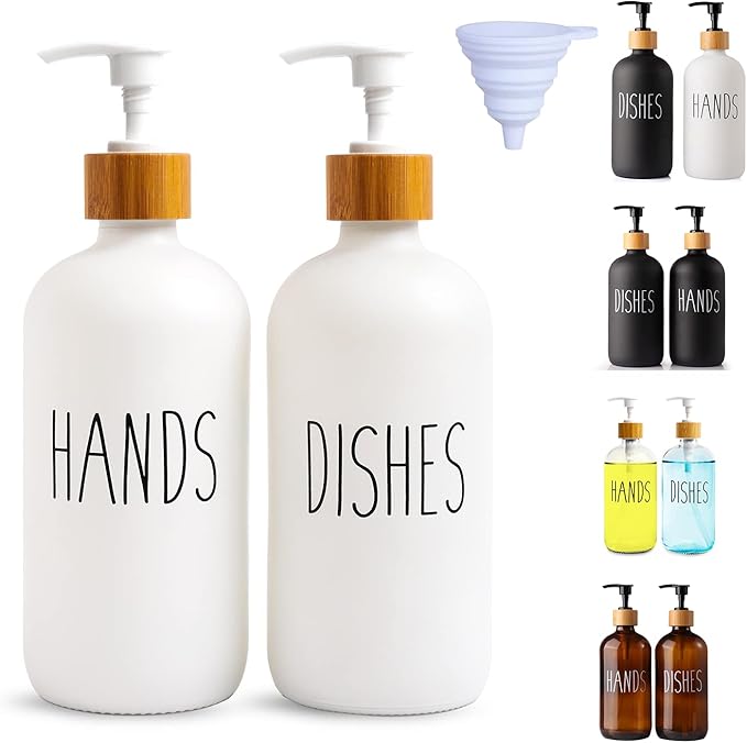 LOOCHICA 2 Pack White Glass Soap Dispenser Set for Kitchen Sink, Hand and Dish Soap, Matte White Finish, Rustic Decor