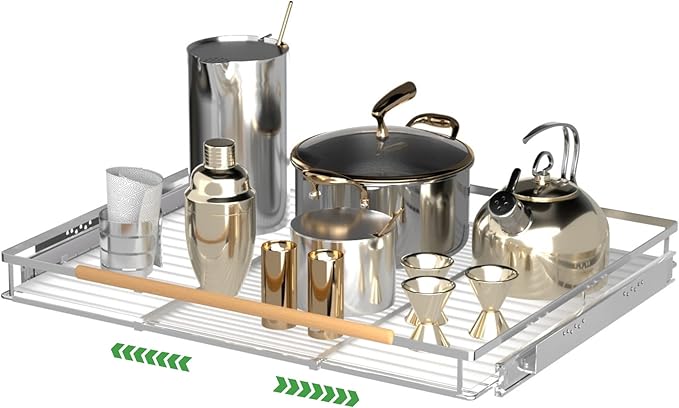Adjustable Pull Out Shelves for Kitchen Cabinet, Expandable Pull Out Drawders for Cabinets, Pull Out Cabinet Organizer Roll Out Drawers, Stainless Steel, Cabinet Width 16.2" - 26.2", 1 Pack