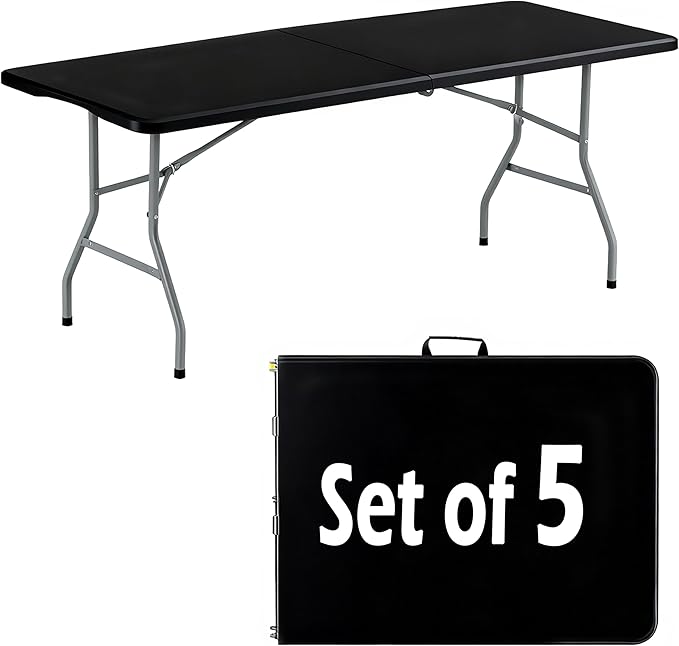 6FT Folding Table Set of 5 Portable Heavy Duty Plastic Table with Carrying Handle Fold-in-Half Utility Foldable Tables for Parties Wedding Events Dining Indoor Outdoor Picnic (Black)