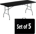 6FT Folding Table Set of 5 Portable Heavy Duty Plastic Table with Carrying Handle Fold-in-Half Utility Foldable Tables for Parties Wedding Events Dining Indoor Outdoor Picnic (Black)