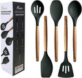 Non-Stick Silicone Cooking Utensils Set with Natural Acacia Hard Wood Handle, 5 Piece, High Heat Resistant (Green)