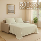 Sleeper Sofa 4 Piece Bed Sheet Set Premium Quality 100% Cotton 500 Thread Count, Smooth & Super Soft Sateen Weave, Extra Soft Bed Sheets, Wrinkle Free, 6 Inch Deep Pocket (Queen, Ivory)