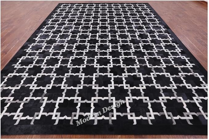 Modern Design Premium Cowhide Leather Carpet with Chevron Pattern, Area Rug (Black/Grey/White, 10x14)