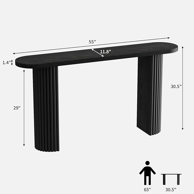 55" Fluted Console Table with Solid Wood Legs, Long Farmhouse Entryway Table with Rounded Corners, Morden Sofa Tables Behind Couch for Foyer, Entrance, Living Room, Hallway, Black