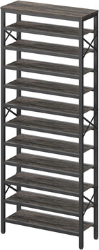 YATINEY 12-Tier Tall Shoe Rack Organizer, Wooden Shoe Storage for Closet Holds 48 Pairs, Sturdy Shoe Shelf with X-Shaped Metal Support, for Entryway, Bedroom, Charcoal and Black SS212BC