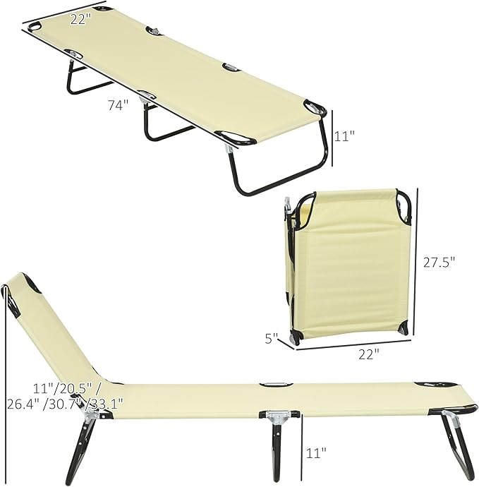 Outsunny 2 Piece Folding Chaise Lounge Pool Chairs, Outdoor Sun Tanning Chairs with 5-Level Reclining Back, Steel Frame for Beach, Yard, Patio, Beige