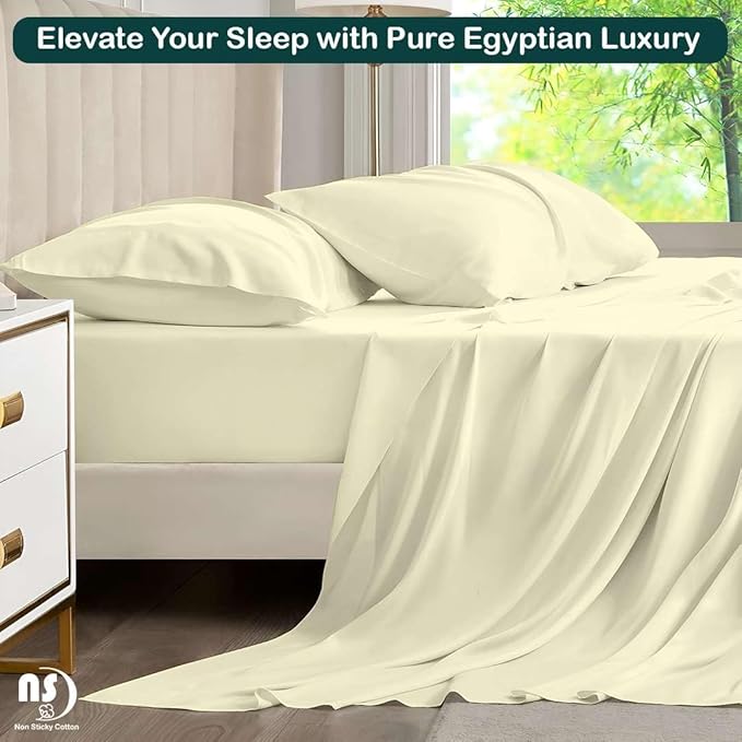 NON Sticky cotton Queen Size Sleeper Sofa Sheets, 4 Piece Egyptian Cotton Bed Sheet Set for Sofa Bed, 8" Deep Pocket for Pull Out Couch Mattress, 60" x 75", Ivory Solid, Soft & Breathable