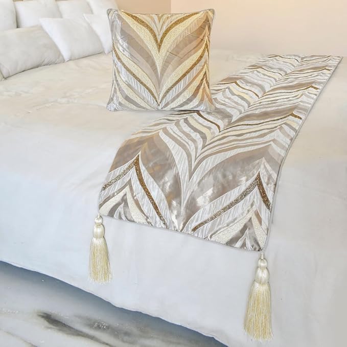 The HomeCentric King/Queen/Twin Ivory Decorative Full 68"x18" Bed Runner with Two Pillow Cover, Bead Hand Embroidery Bed Scarf on Jacquard Fabric - Clarissa Serene
