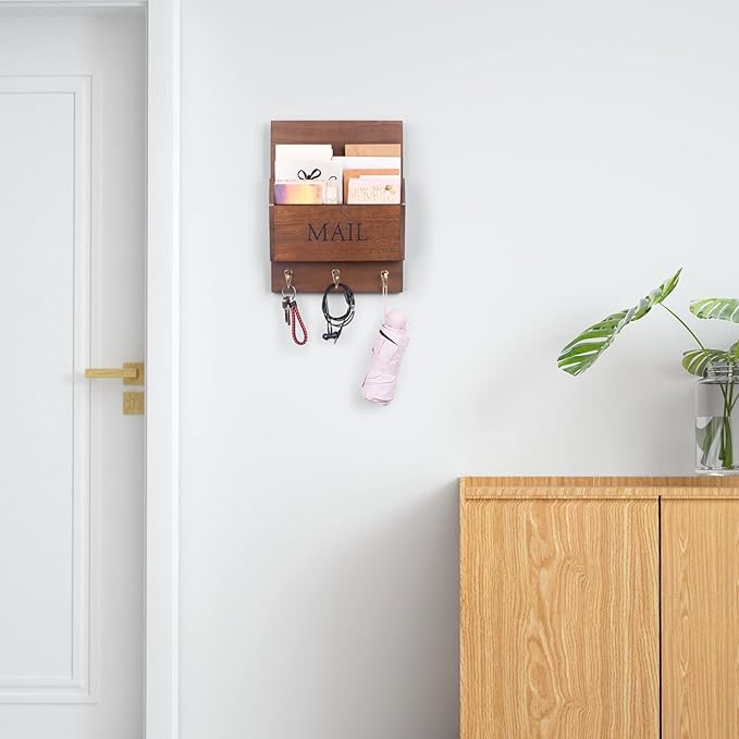 DLQuarts Mail Organizer with Key Holder for Wall Decorative Mail Sorter Wall Mounted, Wooden Mail Holder with 3 Hooks, Dark Brown