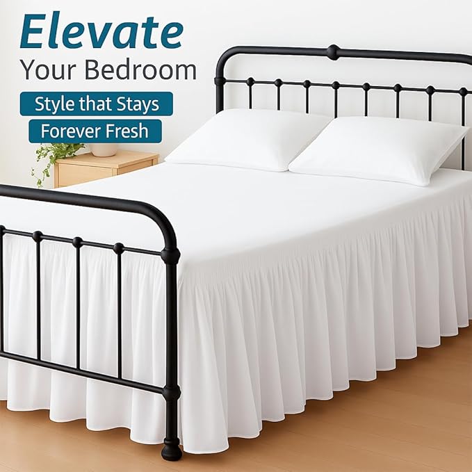 Shreem Linen Ruffled Bed Skirt with Split Corners, Gathered Style, 100% Microfiber, 28-Inch Drop, Dust Ruffle Bedskirt with Platform, Olympic Queen, White