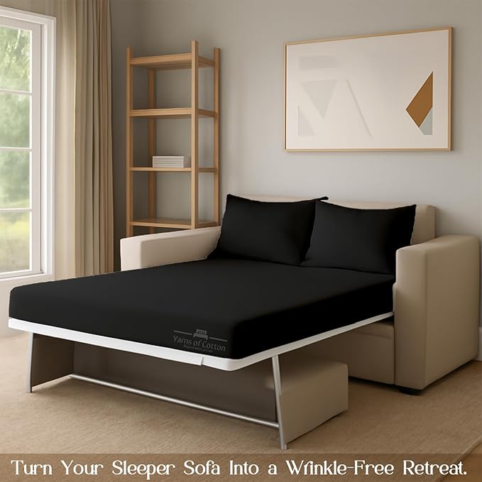Sleeper Sofa 4 Piece Bed Sheet Set Premium Quality 100% Cotton 500 Thread Count, Smooth & Super Soft Sateen Weave, Extra Soft Bed Sheets, Wrinkle Free, 4 Inch Deep Pocket (Queen, Black)