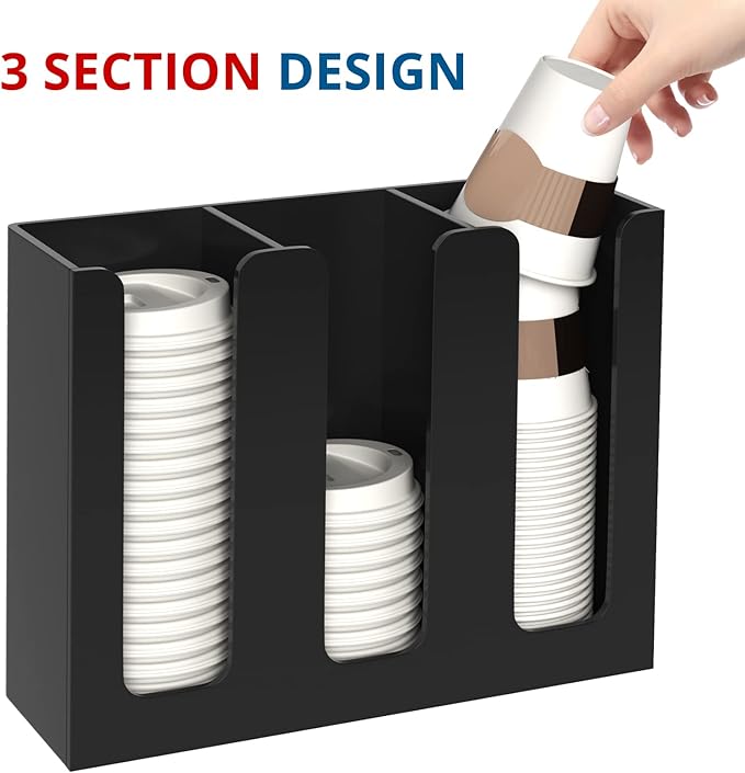 KOTEMON Acrylic Cup and Lid Holder, 3 Compartment, Disposable Coffee Cup Dispenser Cup Storage Organizer, Black