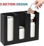 KOTEMON Acrylic Cup and Lid Holder, 3 Compartment, Disposable Coffee Cup Dispenser Cup Storage Organizer, Black
