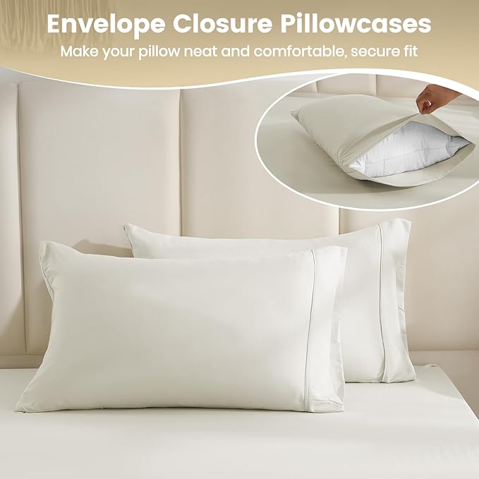 California King Sheet Set - 4 Piece Silky Soft Hotel Luxury Cooling Sheets for King Size Bed, 16" Deep Pocket Easy Care Wrinkle Free Bedding Sheet and Pillowcase Set Cal King Size, Ivory