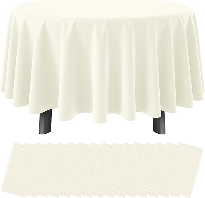 16 Pack Beige Plastic Tablecloths for Round Tables, Premium Decorative Ivory Disposable Table Covers for Parties, Round Cream Party Table Cover for Birthday Wedding Baby Shower Graduation, 84 Inch