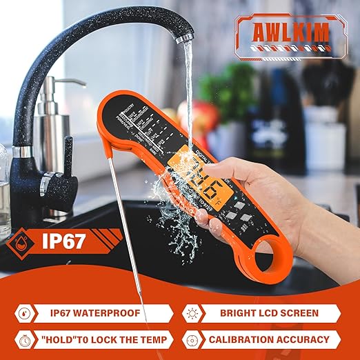 AWLKIM Digital Meat Thermometer with Doneness Chart, 2-Sec Instant Read Food Thermometer for Cooking, Grilling, Oven, Air Fryer - Waterproof Backlit Magnetic Flip Probe, Gift for Men, Dad - Orange