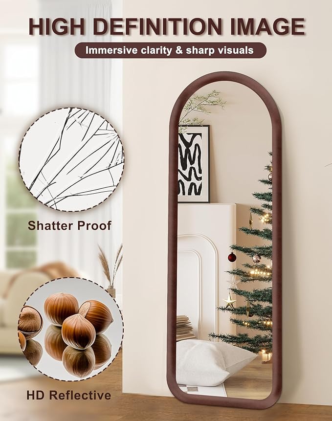 Delma Arched Full Length Mirror, Free Standing Floor Velvet Finish Frame Mirror for Leaning or Hanging, Soft Touch Bedroom & Living Room Decor, Brown