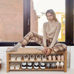 Shoe Rack Solid Wood Bench, 2-Tier Real Wooden Heavy Duty Shoe Storage Organizer Shelf for Entryway, Hallway, Mudroom, Living Room,Bedroom (Natural, 11.81"X39.4"X16.54")