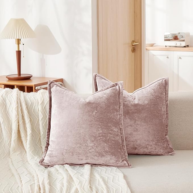 Luxurious Velvet Euro Shams Decorative Throw Pillow Covers 26x26 Set of 2 Solid Square Euro Pillow Shams for Sofa Couch Bedroom, Pink