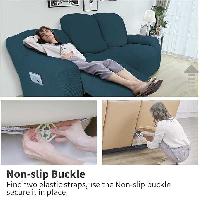 Easy-Going 6 Pieces Recliner Loveseat Stretch Sofa Slipcover Sofa Cover Furniture Protector Couch Soft with Elastic Bottom Kids, Spandex Jacquard Fabric Small Checks Deep Teal