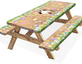 Easter Picnic Table Cover with Bench Covers, Cute Bunny Flower Brown Wooden Board Camping Tablecloth, Waterproof Windproof, Fitted Tablecloth Cover with Elastic Edge, for Outdoor, 3 PCS, 30x72 Inch