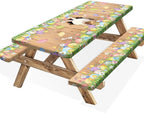 Easter Picnic Table Cover with Bench Covers, Cute Bunny Flower Brown Wooden Board Camping Tablecloth, Waterproof Windproof, Fitted Tablecloth Cover with Elastic Edge, for Outdoor, 3 PCS, 30x72 Inch