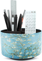 Round Leather Art Supply Organizer,Remote Control Holder,360 Degree Rotating,Multi-Functional Pencil Holder,4 Compartments Desktop Stationary Organizer(1-Peach Blossom)