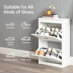 Haotian Small Shoe Cabinet, White 2 Flip Drawers Freestanding Shoe Rack, Shoe Storage Cupboard Organizer (9.45" D x 20.87" W x 32.28" H), FSR78-W