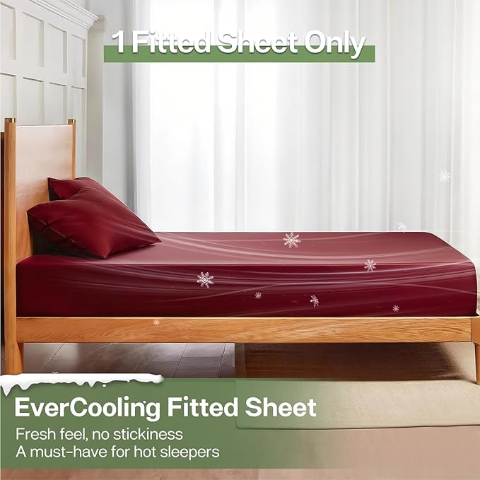 MR&HM King Fitted Sheet Only, Ultra-Soft Rayon Derived from Bamboo & Polyester Blend, Silky & Breathable, 15" Deep Pocket with Elastic Straps, Cooling Fitted Sheet for Hot Sleepers, Burgundy