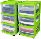 HOMZ 2-Pack Drawer Tower, 3-Tier Clear Plastic Storage Organizer Cart, Bold Lime Frame - Organizing Containers with Wheels for Home, Bathroom, Bedroom, Office, and Classroom