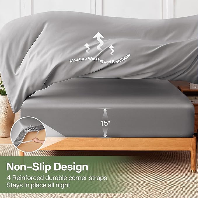 MR&HM King Fitted Sheet Only, Ultra-Soft Rayon Derived from Bamboo & Polyester Blend, Silky & Breathable, 15" Deep Pocket with Elastic Straps, Cooling Fitted Sheet for Hot Sleepers, Silver Grey