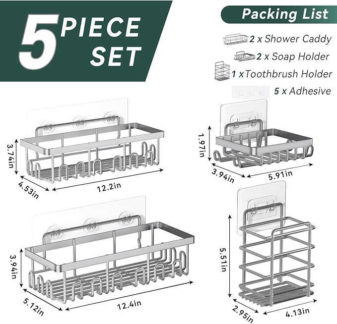 5-Pack Adhesive Shower Caddy, Rustproof Stainless Steel Organizer for Bathroom Storage with Large Capacity, No Drilling Bathroom Caddy with Soap Toothbrush Holder for Kitchen Home Silver