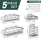 5-Pack Adhesive Shower Caddy, Rustproof Stainless Steel Organizer for Bathroom Storage with Large Capacity, No Drilling Bathroom Caddy with Soap Toothbrush Holder for Kitchen Home Silver
