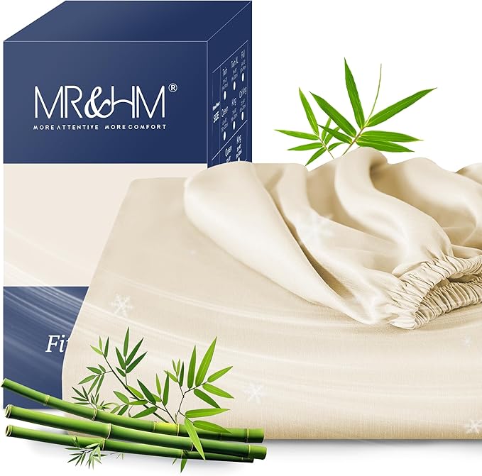 MR&HM King Fitted Sheet Only, Ultra-Soft Rayon Derived from Bamboo & Polyester Blend, Silky & Breathable, 15" Deep Pocket with Elastic Straps, Cooling Fitted Sheet for Hot Sleepers, Cream