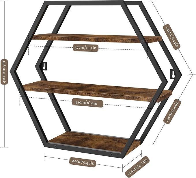 Hexagon Shelves for Wall, Hexagon Floating Shelves, Decorative Geometric Shelf for Wall Decor, Farmhouse Style Shelves for Bathroom Living Room, Rustic Brown Black