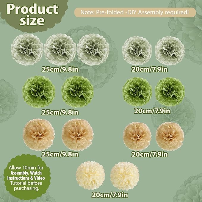 Sage Green Tissue Paper Pom Pom Flowers Decorations 15 PCS Olive Green Paper Flowers for Wall Hanging Backdrop Neutral Baby Shower Wedding Party Supplies Birthday Bridal Decor Table Centerpieces