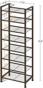 usikey 8 Tiers Narrow Shoe Rack 16-24 Pairs, Sturdy Metal Tall Shoe Rack with 4 Hooks, Slim Shoe Storage Organizer with Metal Shelf, Space Saving Vertical Shoe Shelf for Entryway BronzeUNYXJX016A