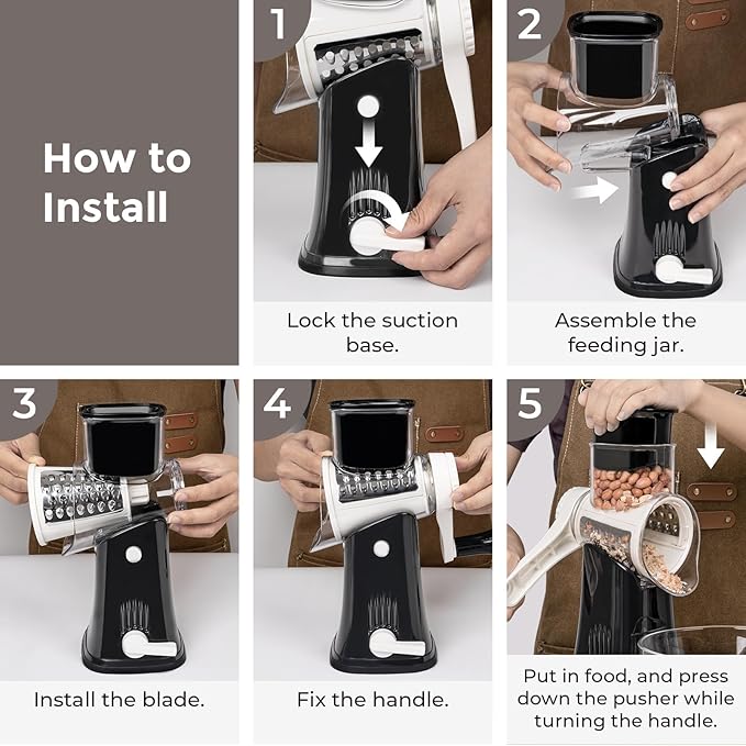 X Home 5-in-1 Rotary Cheese Grater for Kitchen, Upgraded Hand Crank Shredder with Stronger Suction Base & Multifunctional Drum Blades, for Cheese, Vegetables and Nuts, Easy to Use and Clean, Black