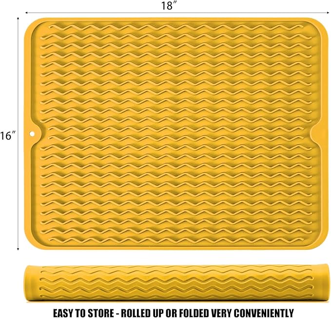 Silicone Dish Drying Mat for Multiple Usage, Easy clean, Eco-friendly, Heat-resistant Dish Drainer Mat for Kitchen Counter,Sink,Refrigerator or Drawer liner (18" x 16", Yellow)