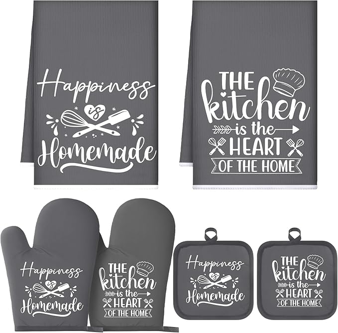 Sratte 6 Pcs Kitchen Decor Accessories Set Farmhouse Towels Pot Holders Oven Mitts Set 2 Dish Towels 2 Potholders 2 Cooking Mittens Oven Glove for Christmas Baking Cooking Supply(Dark Gray,Kitchen)