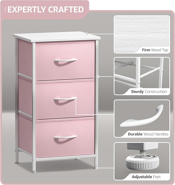 Sorbus Nightstand with 3 Drawers - Bedside Furniture & Accent End Table Chest for Home, Bedroom Accessories, Office, College Dorm, Steel Frame, Wood Top, Pastel Fabric Bins (Pink)