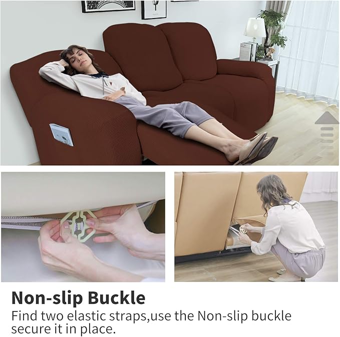 Easy-Going 8 Pieces Recliner Sofa Stretch Sofa Slipcover Sofa Cover Furniture Protector Couch Soft with Elastic Bottom Kids, Spandex Jacquard Fabric Small Checks Coffee